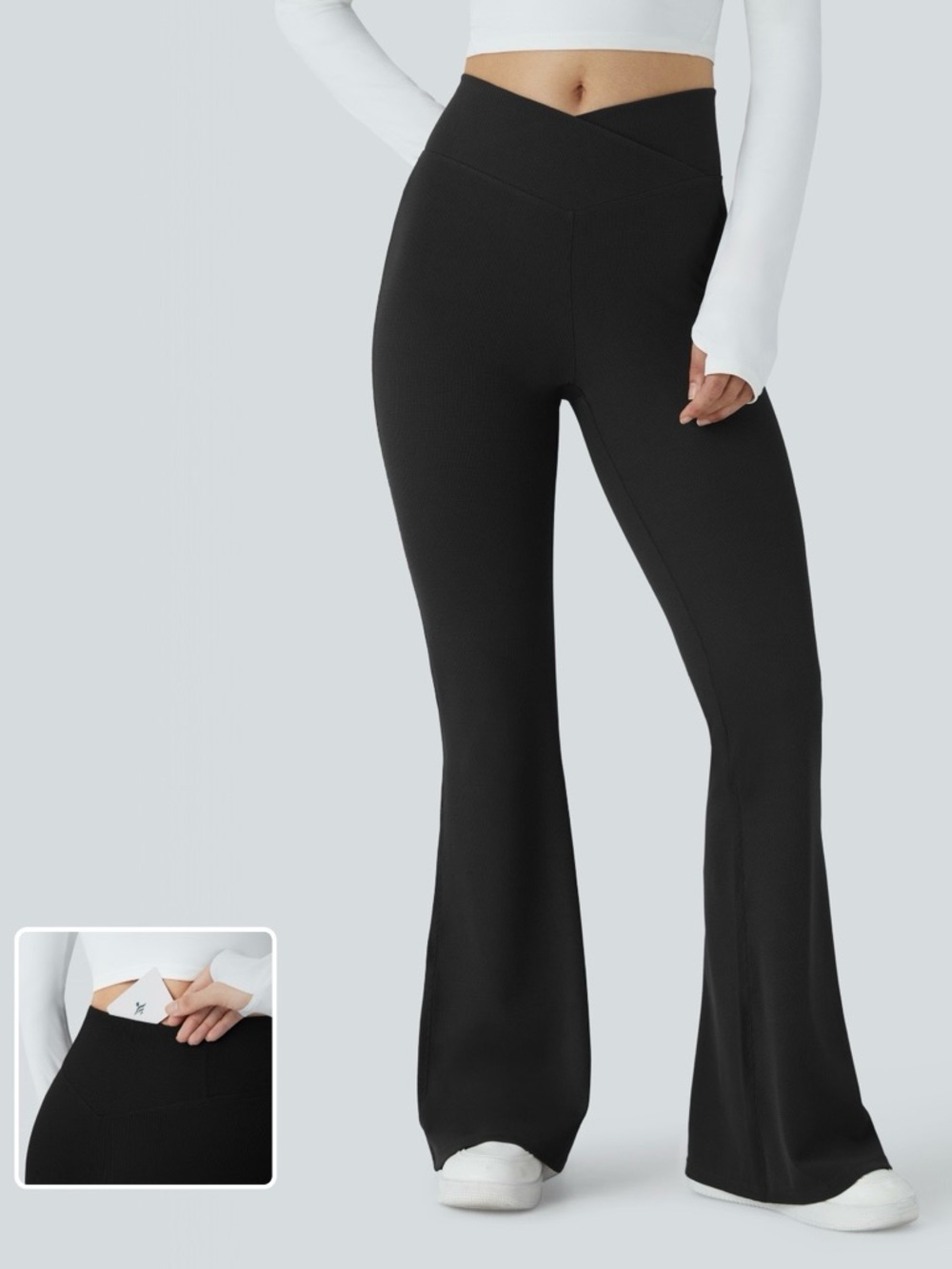 HALARA Crossover High Wasted Pocket Waffle Casual Flare Pants